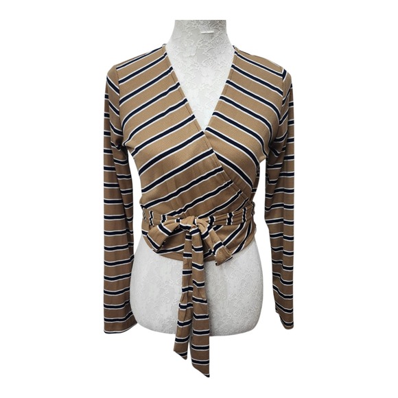 NWT Final Touch Ribbed Knit Tie Front Top M Tan Black White Stripes USA Made‎ - Picture 1 of 10